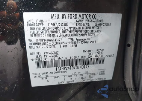 2007 Ford Five Hundred Sel из США, поврежденный, VIN 1FAHP24107G143177